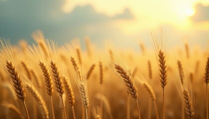 Fototapeta premium Softly swaying wheat stalks golden in the misty sky, cloudy sky, peaceful