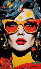 Retro Pop Art Woman, Stars, Sunglasses, Red Lips, Yellow, Blue Hair