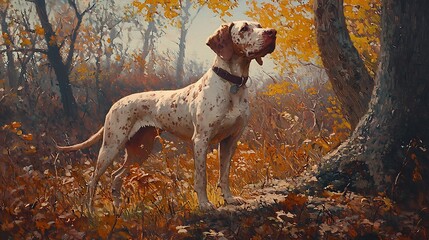 A Stunning Oil Painting of a Bracco Italiano Dog Standing in an Autumnal Forest.