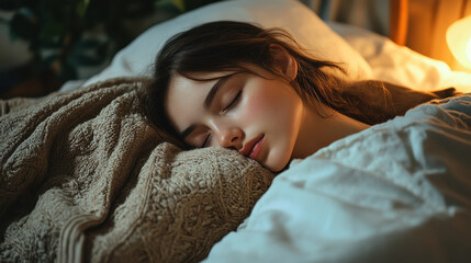 Beautiful young woman sleeping in bed at home, wearing a cozy sweater and blanket on a cold winter night