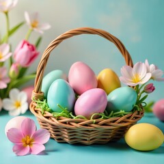 Pastel-colored eggs in woven basket, spring flowers , cheerful, decoration, gift