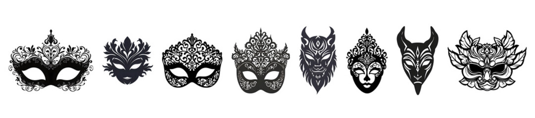 Collection of elegant black masquerade masks with intricate designs.