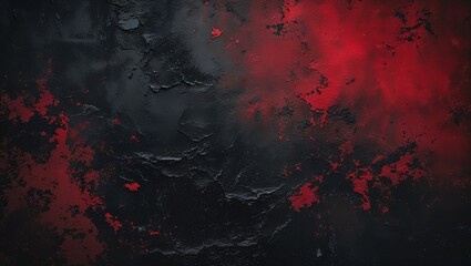 Red spray paint blobs on rough grunge texture black background