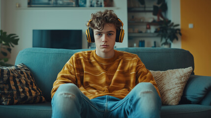 Obraz premium Teenage caucasian male listening to music with headphones on couch in modern living room.