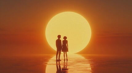 Silhouette Couple Stands Before Large Sunset Sun