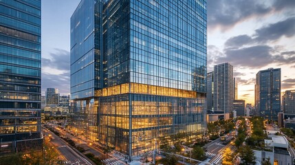 Fototapeta premium Modern glass skyscrapers at dusk, city skyline, illuminated buildings, urban landscape.