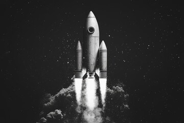 High-flying rocket ascending from the earth into outer space, symbolizing humanity's pursuit of knowledge and exploration.