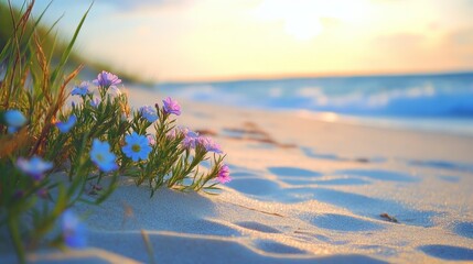 Obraz premium Serene Beach Sunset with Colorful Wildflowers in Sandy Dunes