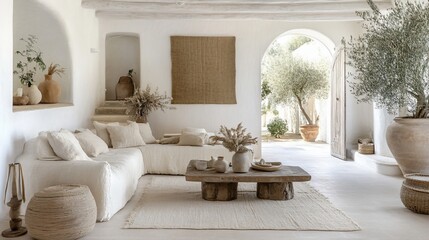 Bright, airy living room with neutral tones, natural textures, and arched doorway opening to a garden.