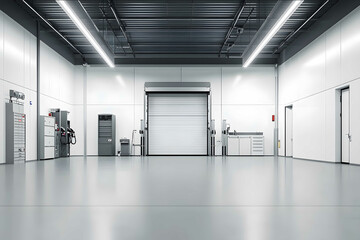 empty vehicle service bay clean minimal white inteiror walls service lift storage cabinets tool boxes