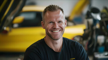 man danish 36 years old smiling centered wearing black shirt car mechanic yellow car in background
