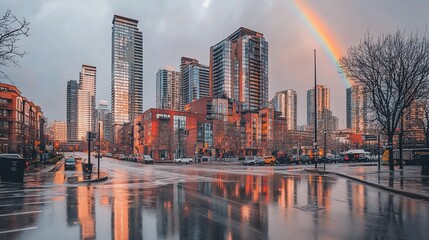 Obraz premium City street reflecting rainbow after rain.