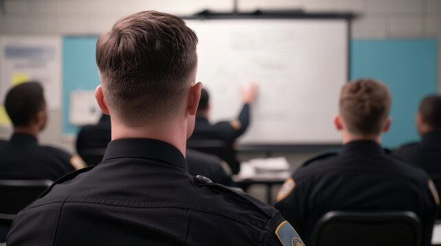 Criminal justice training concept. A group of police officers in uniform attentively watches a presentation, focusing on a whiteboard in a classroom setting.