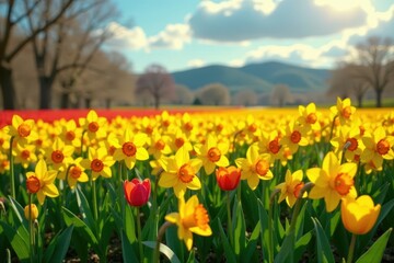 Spring Tulips and Daffodils in a field with space for copy, blooming, daffodils, nature