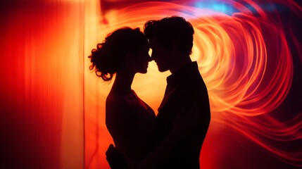 Silhouette Couple Embracing in Warm Red Light