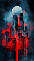 Obraz premium Futuristic Cityscape with Red and Blue Fog Under a Full Moon