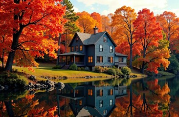 Charming blue house surrounded by vibrant autumn foliage reflecting in calm water