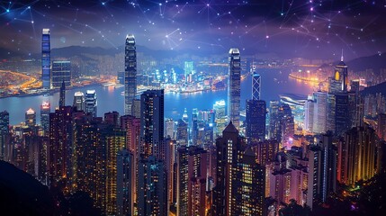 Obraz premium Night cityscape, Hong Kong skyline with digital network overlay.