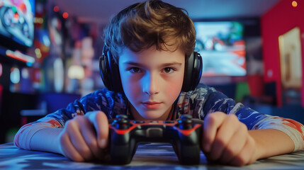 Focused caucasian young male gamer playing video games with headset. Game addiction.