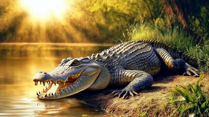 Obraz premium Large crocodile basking in golden sunlight by tranquil water.
