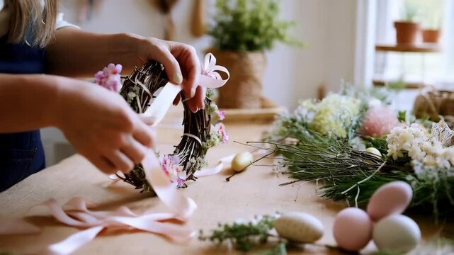 Creating a beautiful floral wreath with pastel decorations for spring celebrations in a cozy workshop