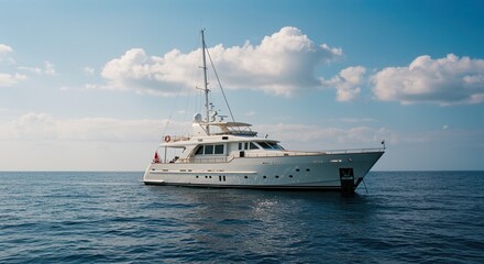 Luxurious yacht sailing on open sea under clear blue sky