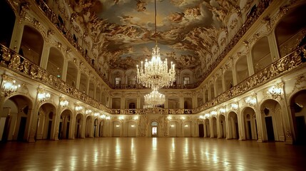 Obraz premium Grand ballroom with ornate architecture, chandelier, and fresco ceiling.