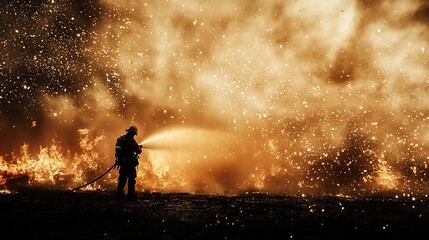 Fototapeta premium Firefighter bravely battles massive inferno, spraying water against intense flames and smoke.