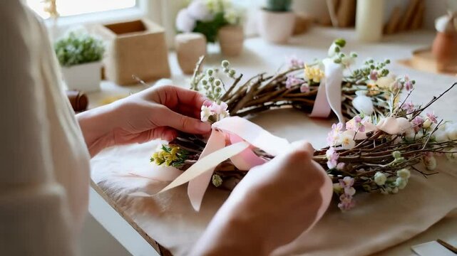 Crafting a beautiful floral wreath with delicate ribbons and natural materials