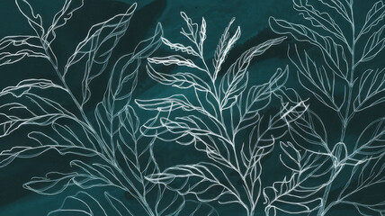 A serene composition featuring delicate white line drawings of foliage against a deep teal background, evoking a sense of tranquility and nature.