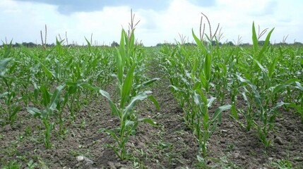 Naklejka premium Lush green corn plants growing in a field under a cloudy sky.