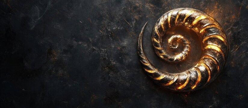 Magnificent Golden Nautilus Shell Spiral Fossil Abstract Nature Background  Detailed macro shot of a coiled metallic bronze colored natural shell with a logarithmic spiral shape