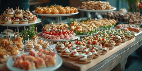 Variety of cakes, pastries and appetizers in display