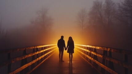 Fototapeta premium Couple Holding Hands Walking Foggy Bridge