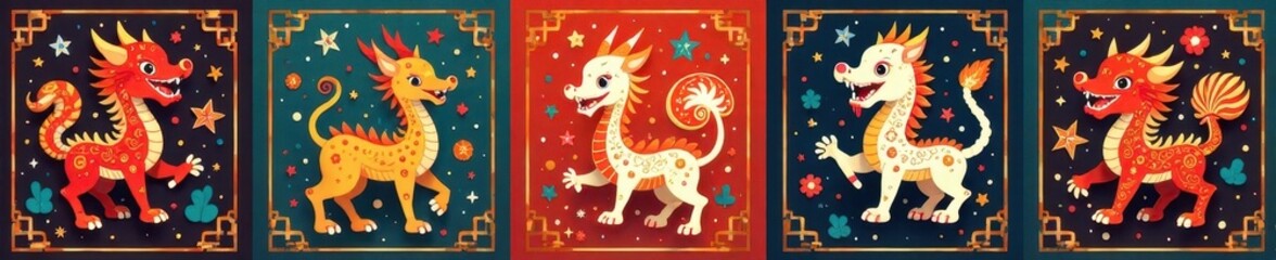 Abstract Chinese zodiac signs, geometric shapes, modern style, clean, simple, texture