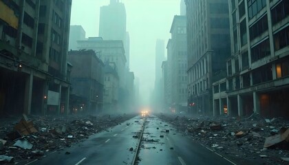 Obraz premium Post Apocalyptic Cityscape Desolation: A Foggy Street Amidst Ruins