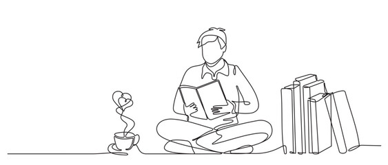 continuous line man reading a book vector illustration