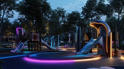 Modern playground at night with colorful LED lighting, slides, and play structures.