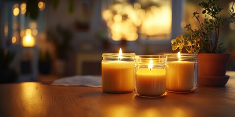 A collection of candles in varying sizes and heights, placed together on a wooden table. The lit candles emit warm glowing light that contrasts with the surrounding room's ambiance.