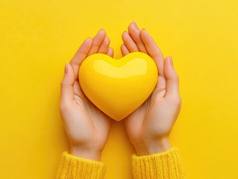 Hands holding a yellow heart symbolizing love, care or support.