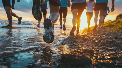 Runners running on the seaside trail at sunrise, AI generated image