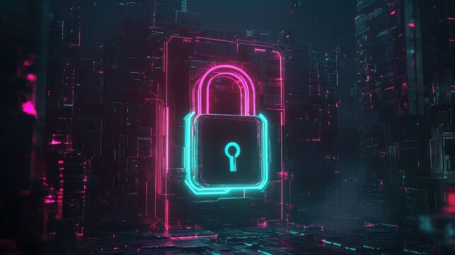 Neon glowing padlock in futuristic digital space.