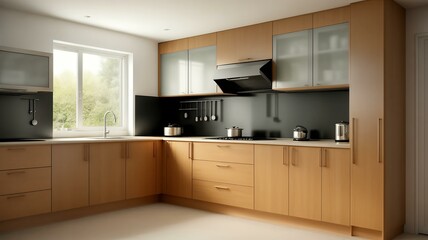 Modern kitchen with wood cabinets, black backsplash, and large window,