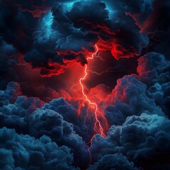 Dramatic Lightning Strike during Stormy Night Sky with Dark Clouds
