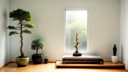 Zen interior, Bonsai trees and minimalist design,