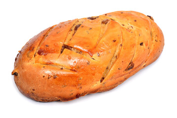 Fresh bread with raisins and sesame seeds isolated on white background