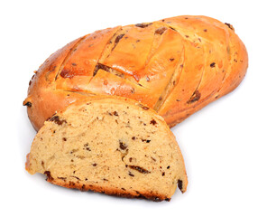 Fresh bread with raisins and sesame seeds isolated on white background