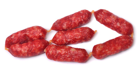 Small dry smoked sausages for beer isolated on white background
