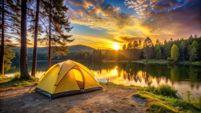 Una tienda campa?a amarilla montada cerca de un lago en paraje natural de un bosque con hermosa puesta de sol , camping tent yellow, rustic accommodation