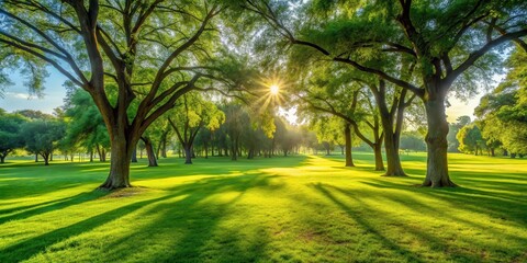 Obraz premium A lush green grass field in a serene public park with sunlight filtering through trees, creating dappled shadows on the ground , sunny day, landscape
